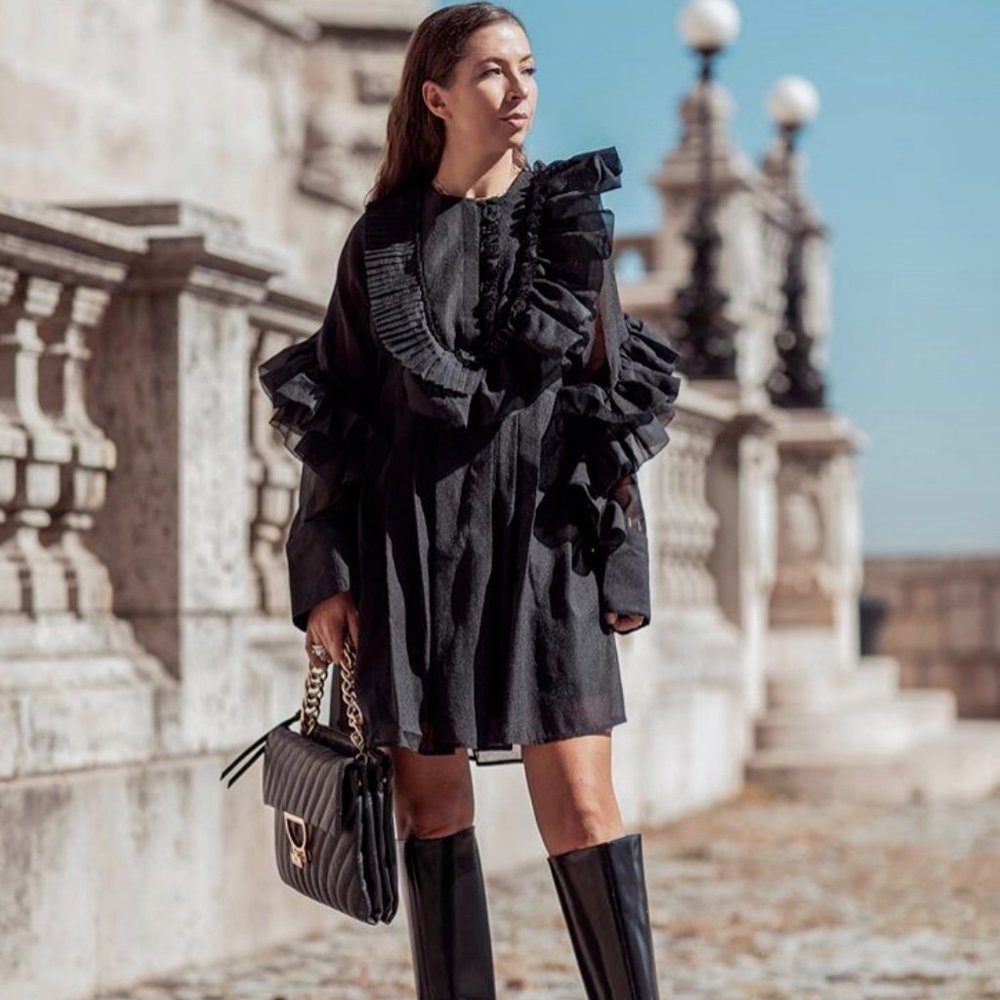 H&M STUDIO COLLECTION FLOUNCE RUFFLE WAVE  MINI COCKTAIL LITTLE BLACK DRESS